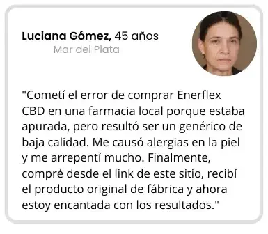 Luciana Gómez, 45 años de Mar del Plata, muestra el Enerflex CBD original y compara con genérico de farmacia que le causó alergia